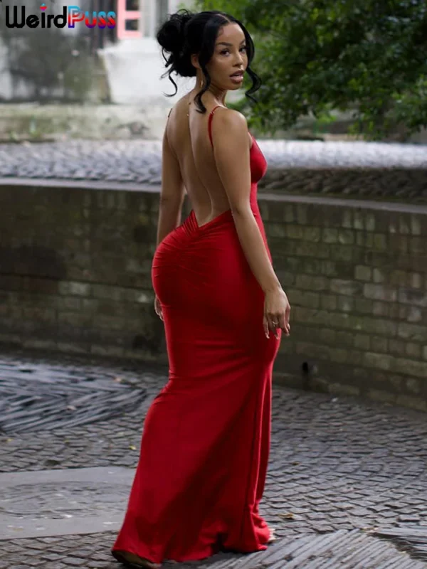 Sexy Backless Women Evening Maxi Dress Folds V-Neck Sleeveless - Image 2