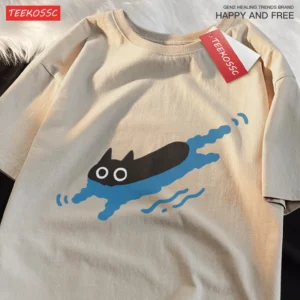 Couple Tees Swimming Black Cat Diving Shoulder Short Sleeved T-shirt