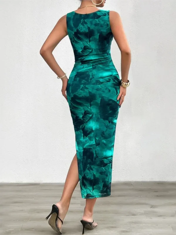Spring Summer Printed Round Neck Sleeveless Slim Dress with Split - Image 6