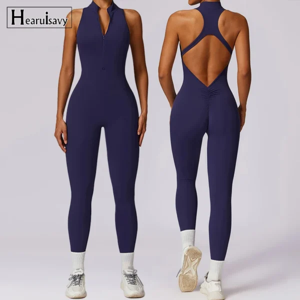 Women Sports Jumpsuit Zippers Yoga Rompers Backless Sportswear