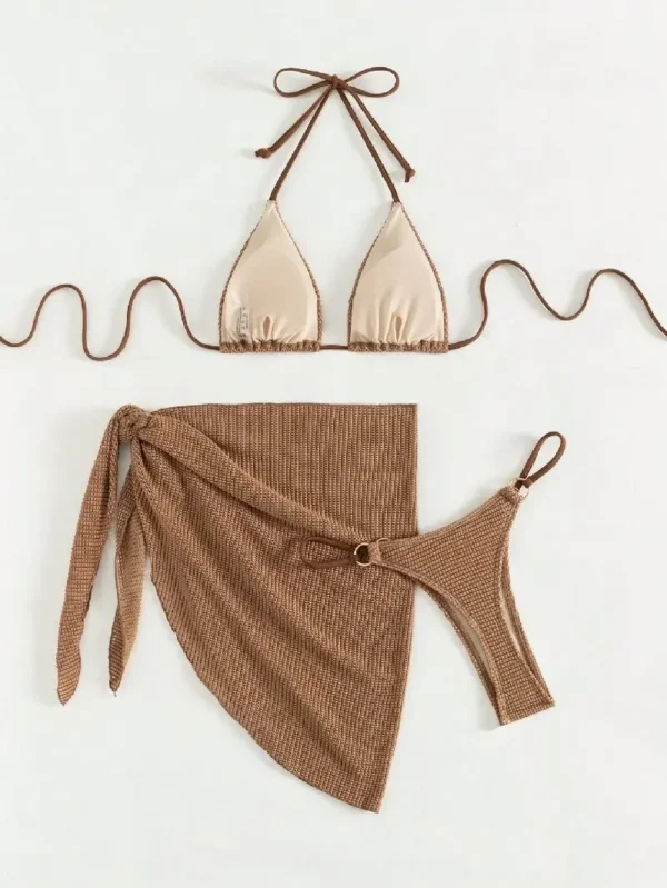 Sexy Brown Bikini Set 2024 Women Halter Push Up Bra Skirt - Image 3