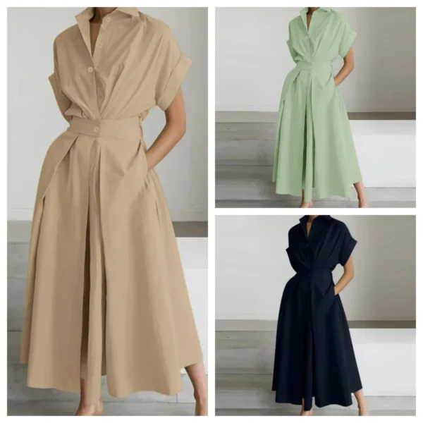 Cotton Linen Polo Collar Maxi Dress