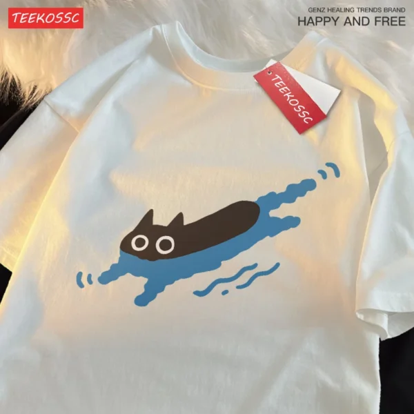 Couple Tees Swimming Black Cat Diving Shoulder Short Sleeved T-shirt - Image 3
