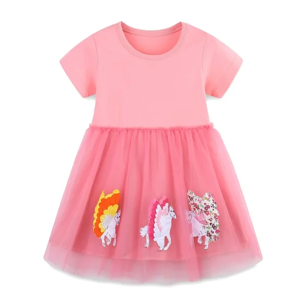 Children Girls Dress Short Sleeve Cotton Spliced Mesh - Image 5