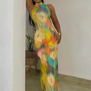 Weird Puss Colorful Print Patchwork Sleeveless Bodycon Dress