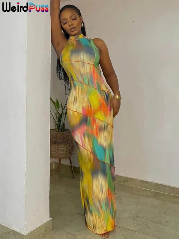Weird Puss Colorful Print Patchwork Sleeveless Bodycon Dress