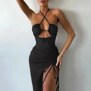 Black Sexy Sleeveless Backless Lace-Up Halter Bodycon Split Dress