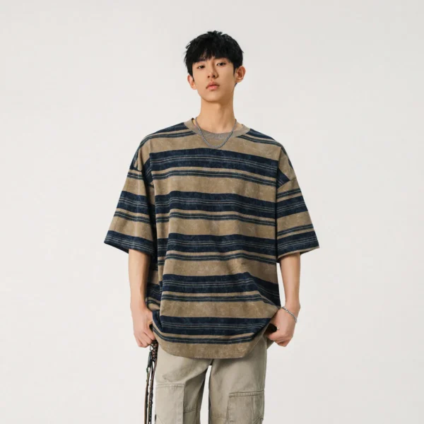 Mens Striped Short Sleeve Tshirt Cotton Loose Fit Breathable