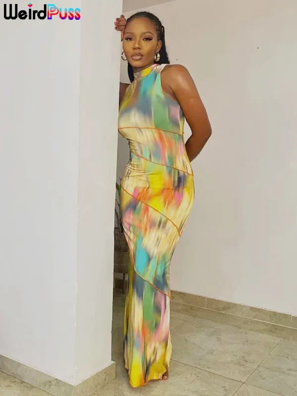 Weird Puss Colorful Print Patchwork Sleeveless Bodycon Dress - Image 2