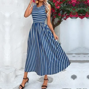 Striped Sleeveless Empire Waist Dress