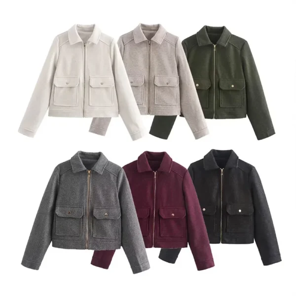 Wine Khaki Zipper Pocket Long Sleeves Women
