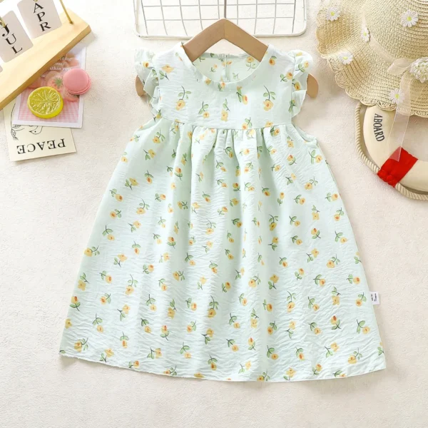 Children's Girls Dress Casual Floral Soft Flying Sleeve Cotton - Image 3