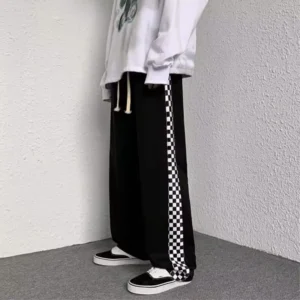 Black checkerboard checkered wide-leg pants men's