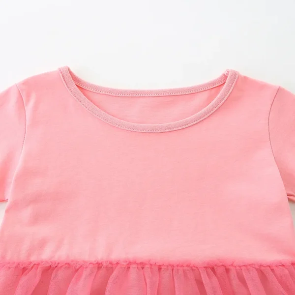 Children Girls Dress Short Sleeve Cotton Spliced Mesh - Image 3