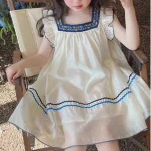 Kids Clothes Square Collar Flying Sleeve Baby Girls Dress