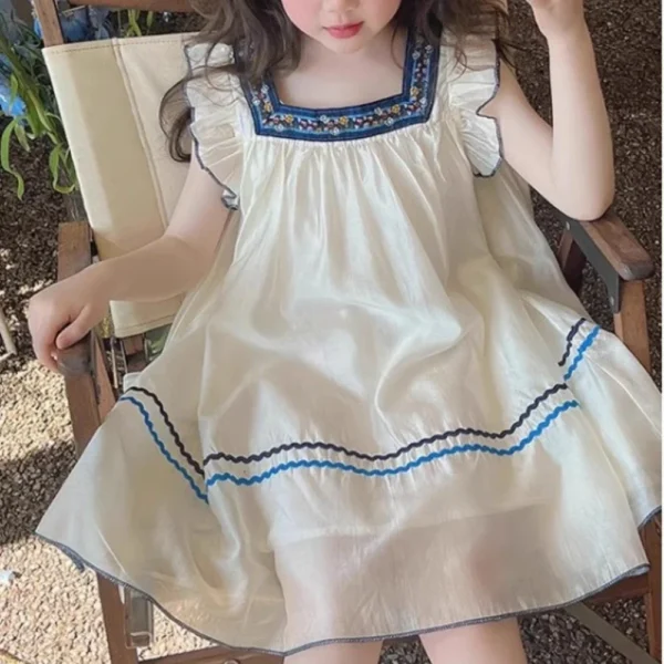 Kids Clothes Square Collar Flying Sleeve Baby Girls Dress