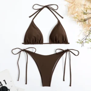 Sexy Women Thong Solid Color Bikini Set Side Halter Tie Swimsuit