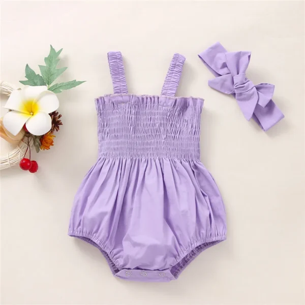 Sleeveless Frill Smocked Strap Romper with Headband Set - Image 3