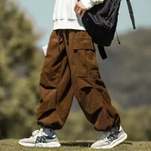 Japanese Vintage Brown Corduroy Pants Men's Loose-fit
