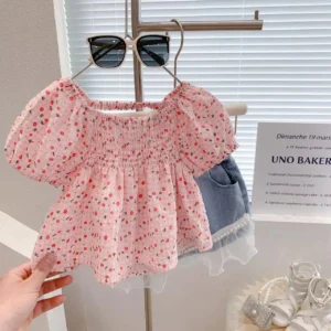 Baby Girls Tops New Fragmented Flower Puff Sleeves Children