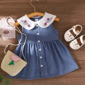 Baby Girls An Outdoor Camping Embroidered Blue Dress