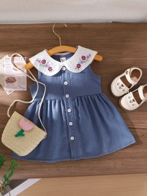 Baby Girls An Outdoor Camping Embroidered Blue Dress