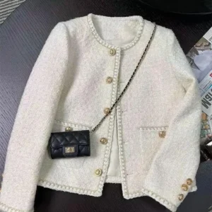 Spring Korean Style White Cropped Tweed Jacket
