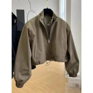 Korean Style Stand Collar Cropped Jacket For Women