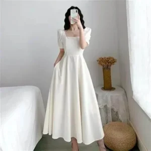 Elegant White Puff Sleeve Square Collar Slim Long Dress