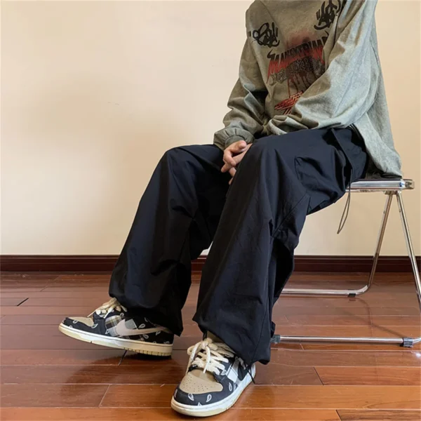 Men Elastic Waist Solid Color Cargo Pants Multi Pocket Loose Baggy - Image 2