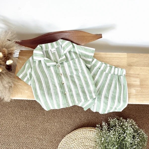 Newborn Baby Boys Girls Clothing Summer Set Green Stripe - Image 4