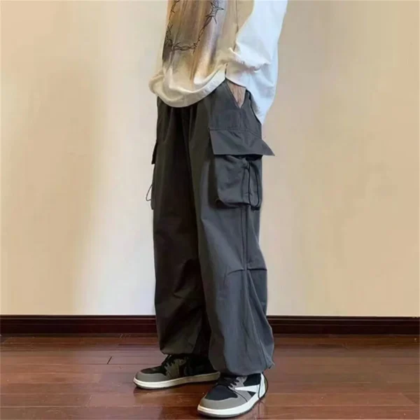 Men Elastic Waist Solid Color Cargo Pants Multi Pocket Loose Baggy - Image 3