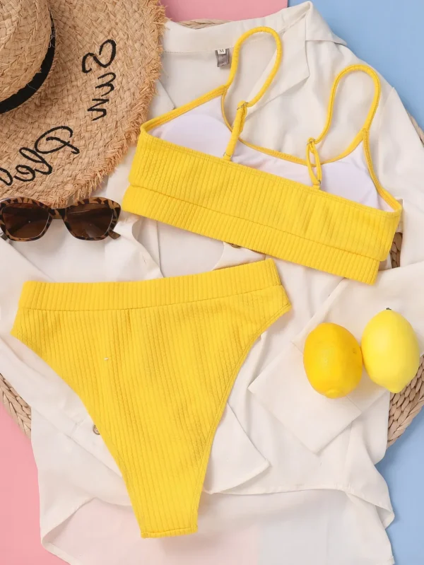 Sexy Solid Yellow Bikini  High Waist Swimwear - Image 3