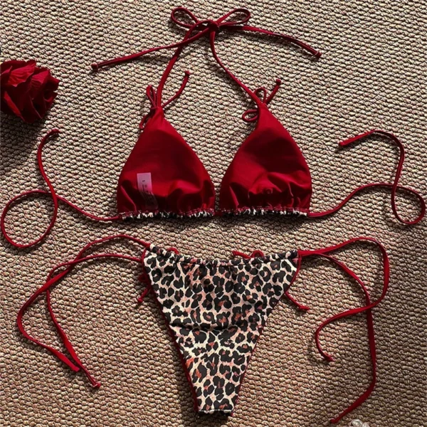 Red Leopard Bikinis Bowknot String Backless Swimsuit - Image 2
