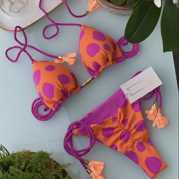 New Ladies Sexy Printed Rope Bikini Split Swimsuit - Image 3