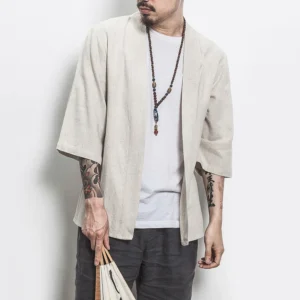 Summer new men's cardigan Chinese style linen natural color