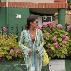 Crochet Colorful Stripe Maxi Dress Flare Sleeve V-Neck High Split