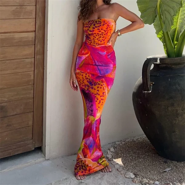 Puloru Sexy Leopard Print Strapless Backless Long Tube Dress - Image 3