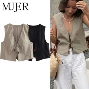 MUJER 2025 Black Cropped Vest Women Jacket Beading