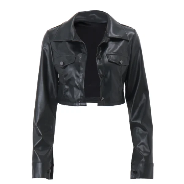 Faux Leather Short Jacket Y2K Turn-down Collar - Image 2