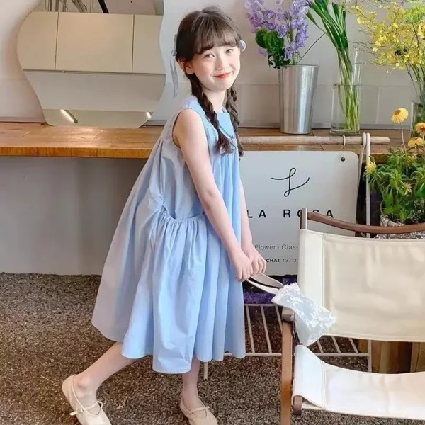 Children Dress Solid Ruched Sleeveless  Girls Dress - Image 5
