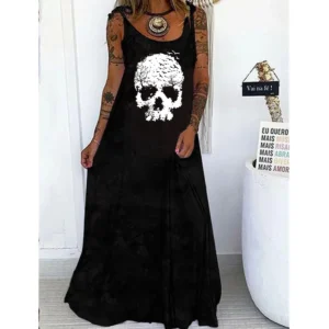 Skeleton Print V-Neck Dress – Oversized Summer Streetwear