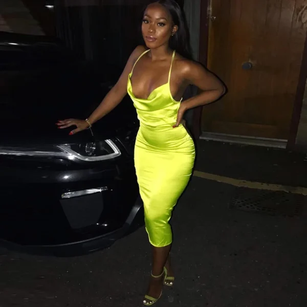 Neon Satin Lace Up Light Pink Backless Bodycon Midi Dress - Image 3