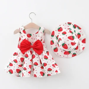New Girl's Sweet Bow Dress Children's Strawberry Print Small Hat