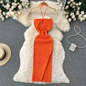 YuooMuoo Chic Knitted Slim Elastic Bodycon Split Dress
