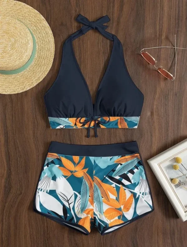 Fashion Printed Swimsuit Women Spliced Lace Up Sporty Surfing Bikini - Image 4