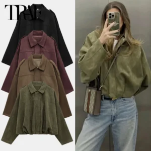 TRAF Women's Bomber Long Sleeve Zipper Suede Jacket