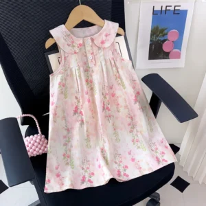 Girls Sweet Cute Flower Print Sleeveless Dress