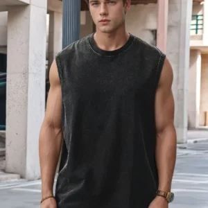 Men's Washed Cotton Tank Tops Muscle Gym Sleeveless