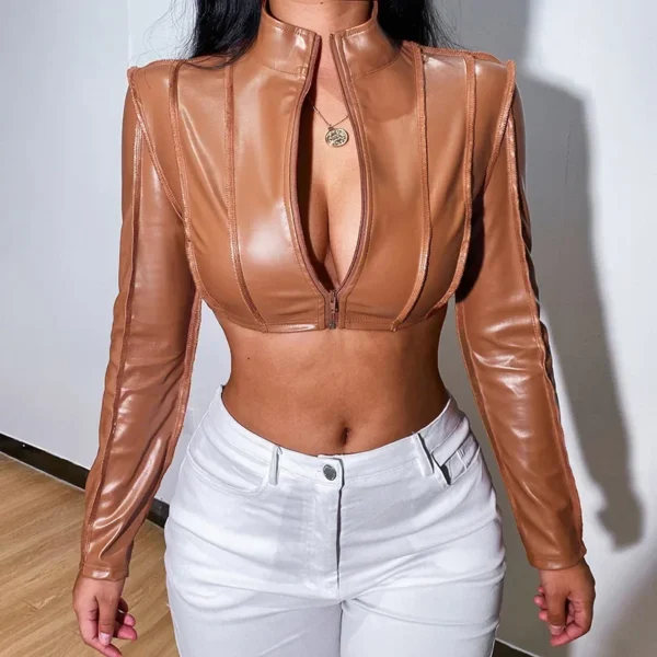 Cropped Jacket Women's Sleeve Leather Jacket Zippered
